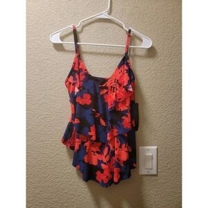 NWT Aqua Green Women's Pink and Blue Floral Tiered Tankini Swim Top Size Small